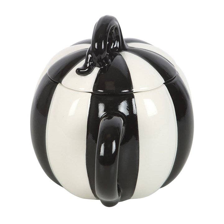Black and White Striped Lidded Halloween Pumpkin Mug